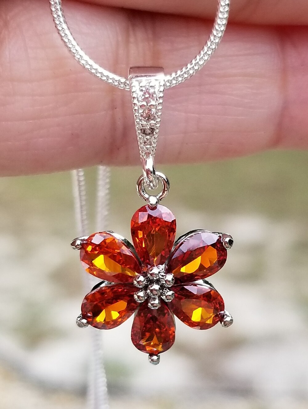 Sterling Silver Red/Orange Garnet Flower Pendant Necklace, Garnet Jewelry